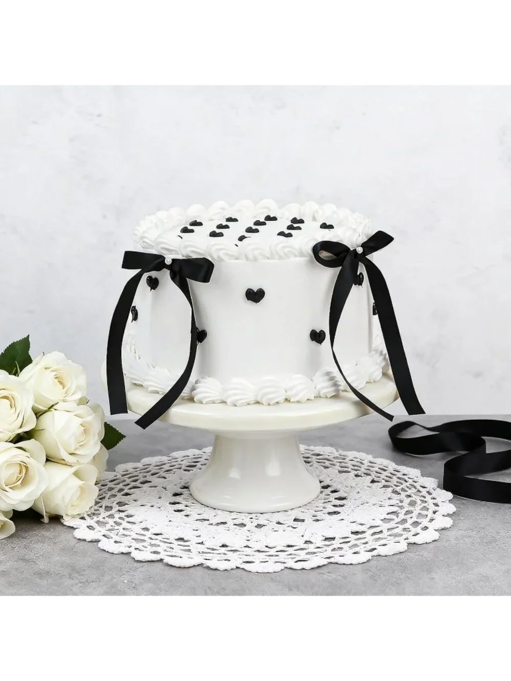6 Inch Black Bow Fake Round Black and White Cake